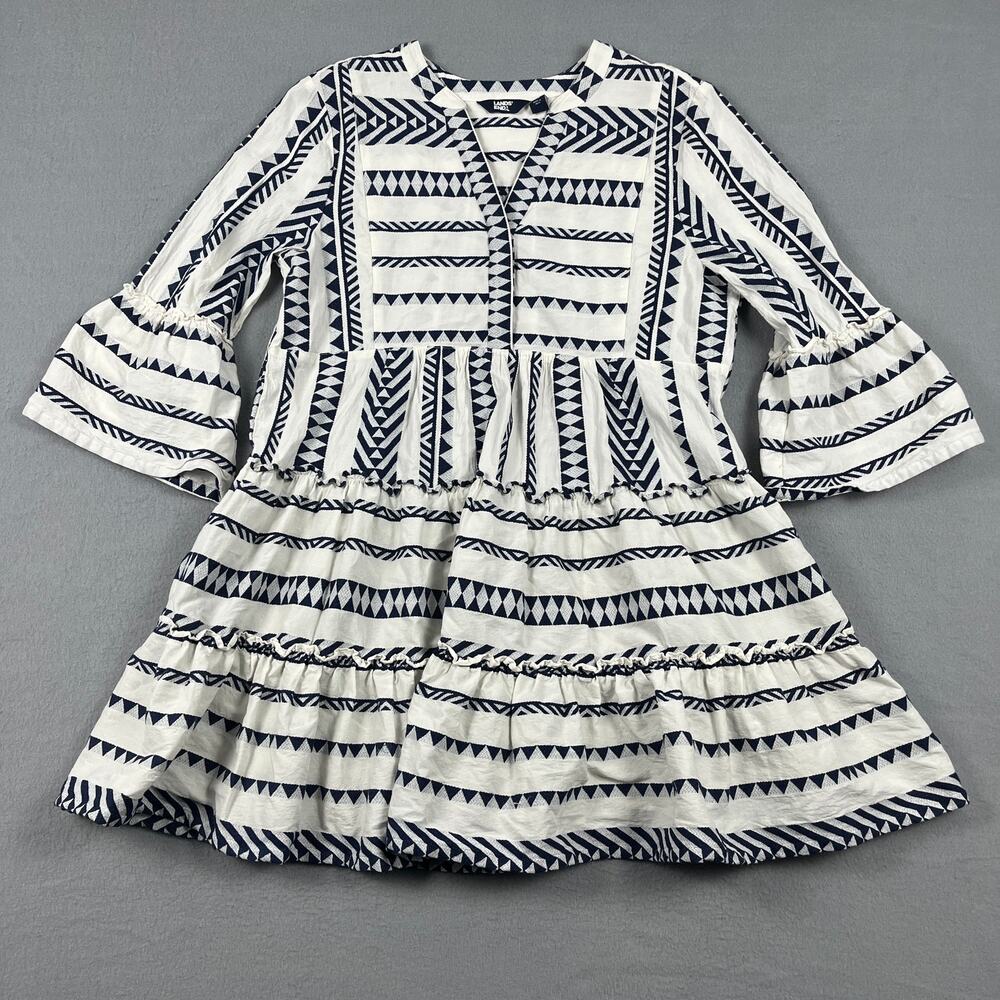 Lands' End Navy Blue White Geometric Striped Tiered Boho Peasant Dress Women's L